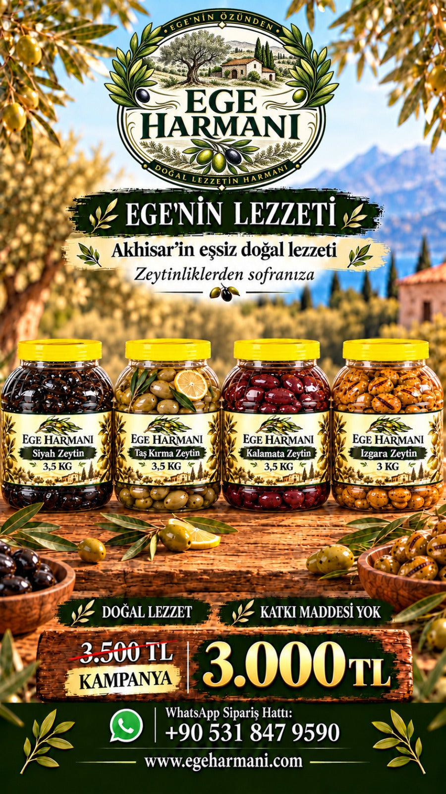 EGE HARMANI Siyah Zeytin(3.5kg)-Taş Kırma Zeytin(3.5kg)-Kalamata Zeytin(3.5kg)-Izgara Zeytin(3kg)