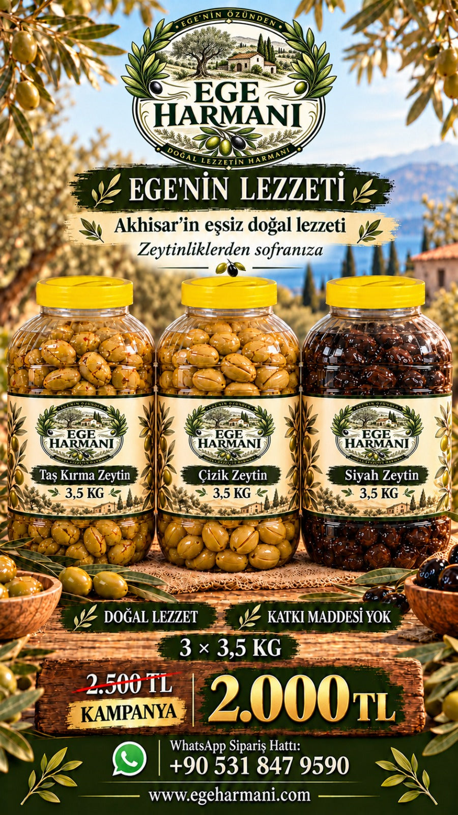 EGE HARMANI Siyah Zeytin(3.5kg)-Taş Kırma Zeytin(3.5kg)-Çizik Zeytin(3.5kg)